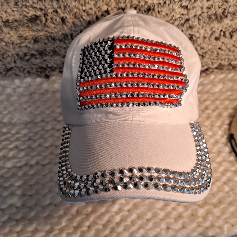 Rhinestone American Flag White 5 Panel Baseball Cap W/adjustable Strap